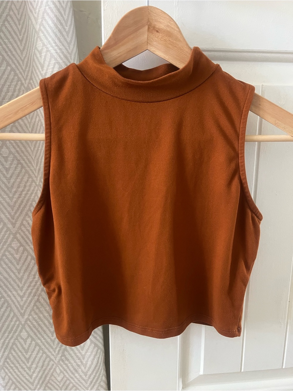If She Loves Mock Neck Cropped Tank Top in Rust Soft Knit Stretch